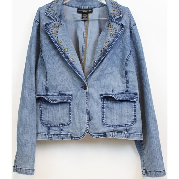 Venezia Acid Wash Studs Rhinestone Jean Jacket Womens sz 22/24 Denim Blazer - Picture 1 of 5